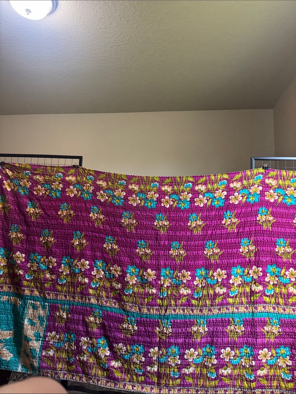 Vintage Handmade Floral Kantha Quilt Magenta/Teal flip side yellow/Aqua/Pink